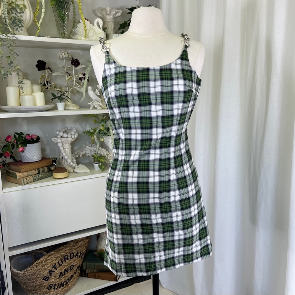 The Ragged Priest Chain Strap Green Plaid Mini Dress size S
